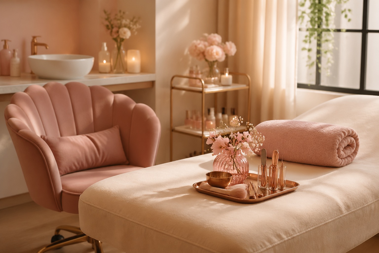 Warm blush salon room with a treatment bed, chair, flowers, and rose-gold details