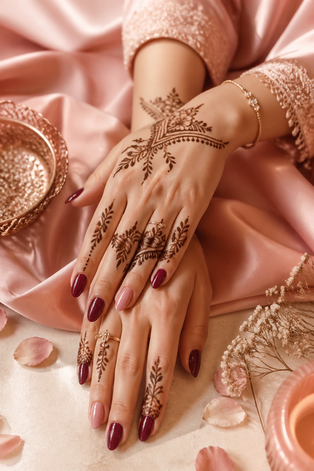 Detailed henna design on hands with burgundy and soft pink manicure on blush satin