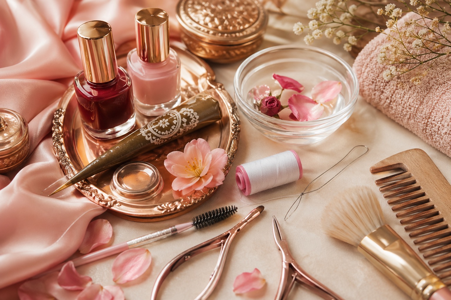 Beauty tools, henna cone, nail polish, and salon details on a rose-gold tray